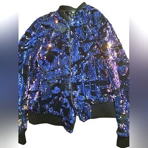 Blue sequins and black front zip jacket